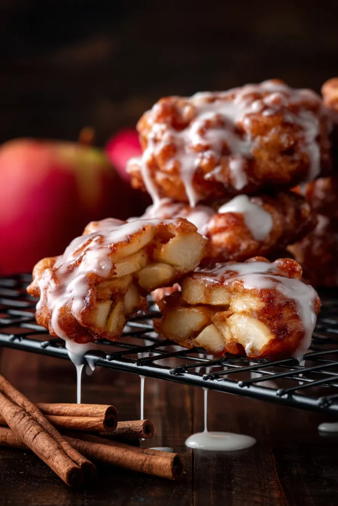 Keto apple fritters cooling on a wire rack with vanilla glaze