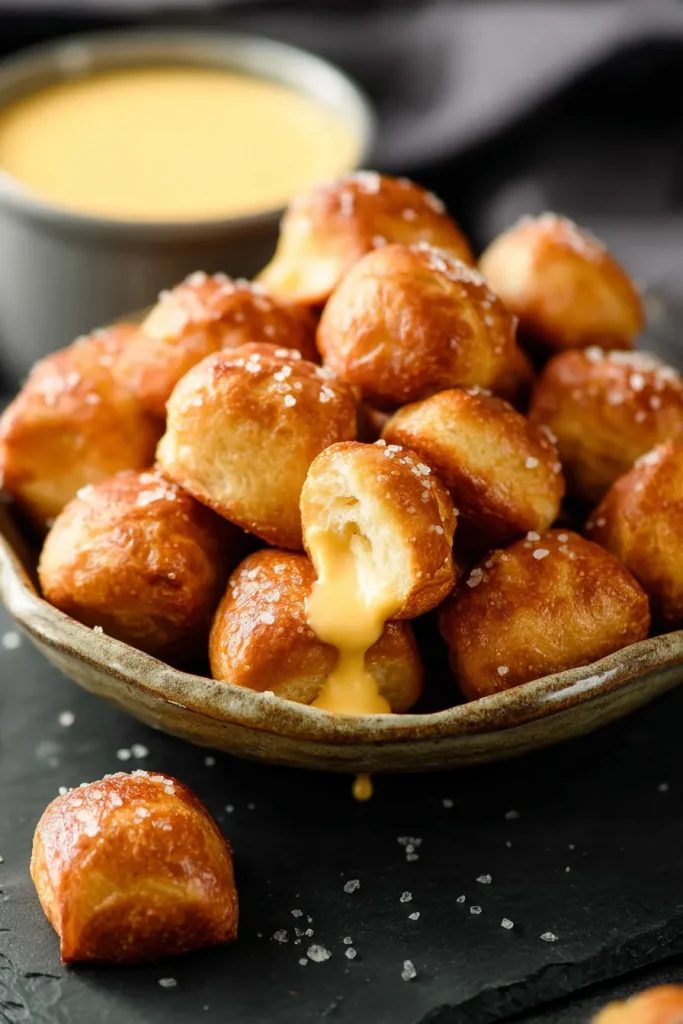 Keto soft pretzel bites served in a bowl with cheese dip