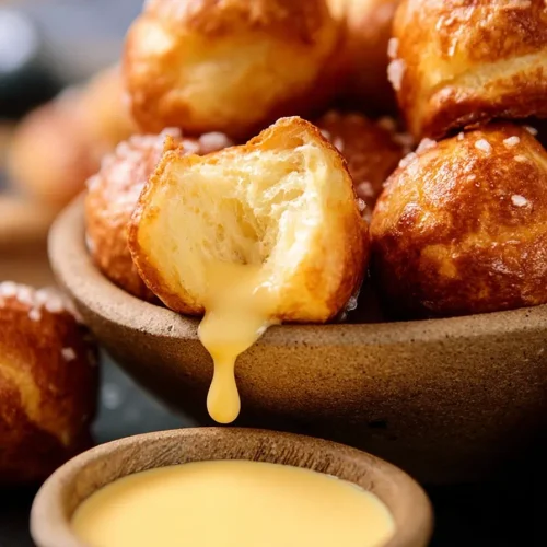 Golden keto soft pretzel bites piled in a rustic bowl with coarse salt