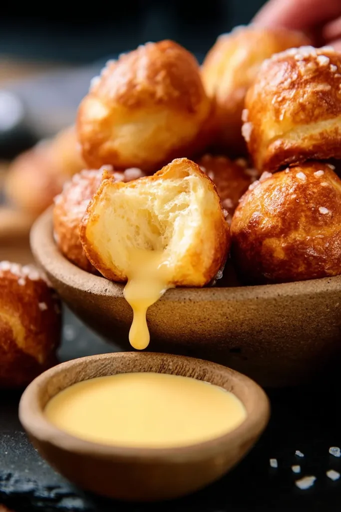 Golden keto soft pretzel bites piled in a rustic bowl with coarse salt