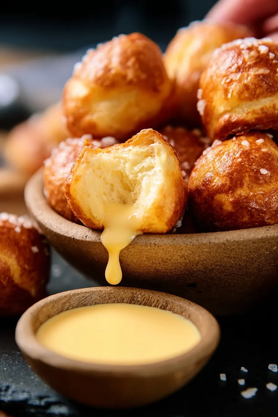 Golden keto soft pretzel bites piled in a rustic bowl with coarse salt