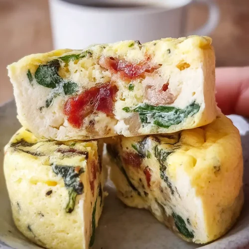 Close-up of a keto egg bite showing its silky custard texture
