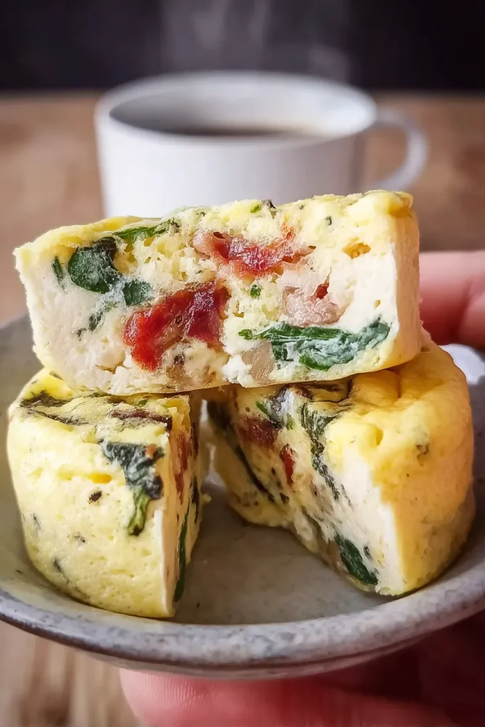 Close-up of a keto egg bite showing its silky custard texture