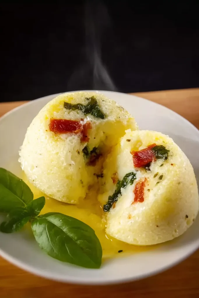 Keto egg bites on a small plate with one split open