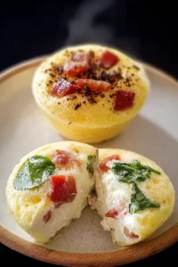Golden keto egg bites on a plate with one split open showing the custard interior