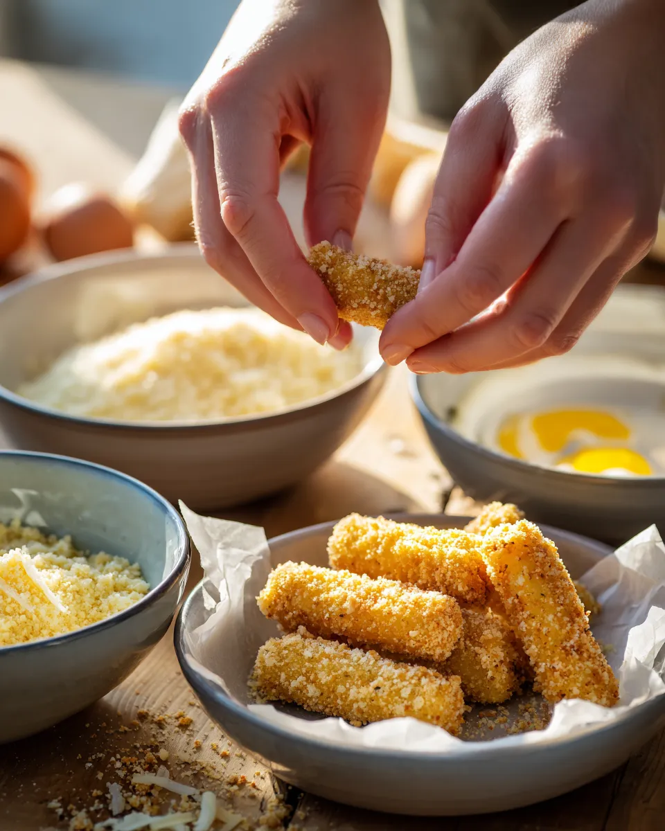 Hands pressing seasoned almond flour and parmesan crumbs onto a cheese stick