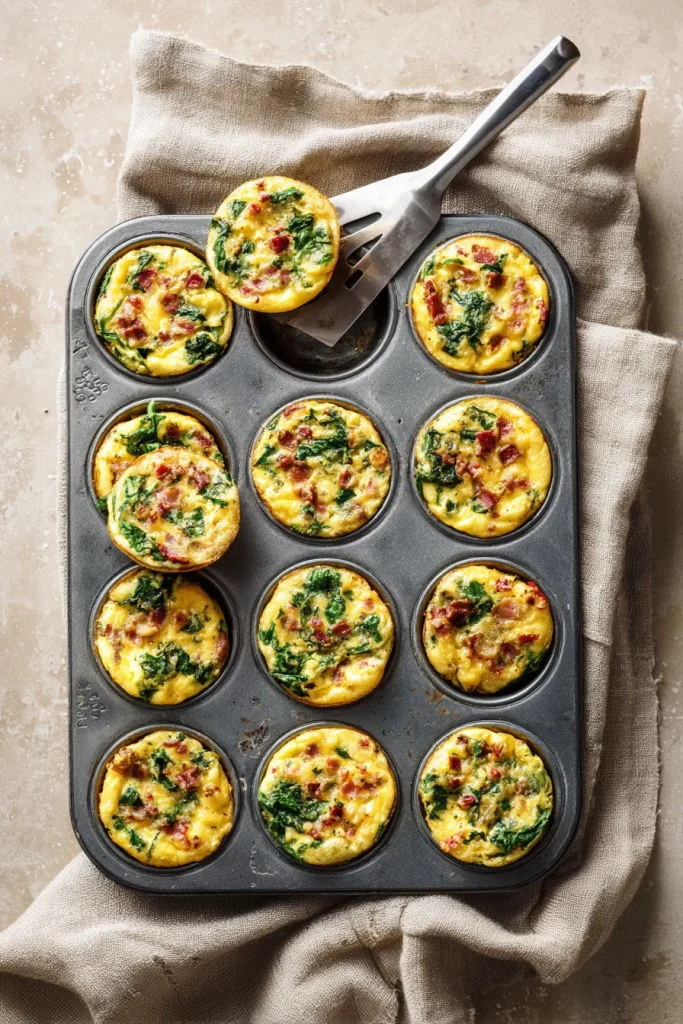 Overhead flat lay of twelve golden puffed egg bites in a muffin tin