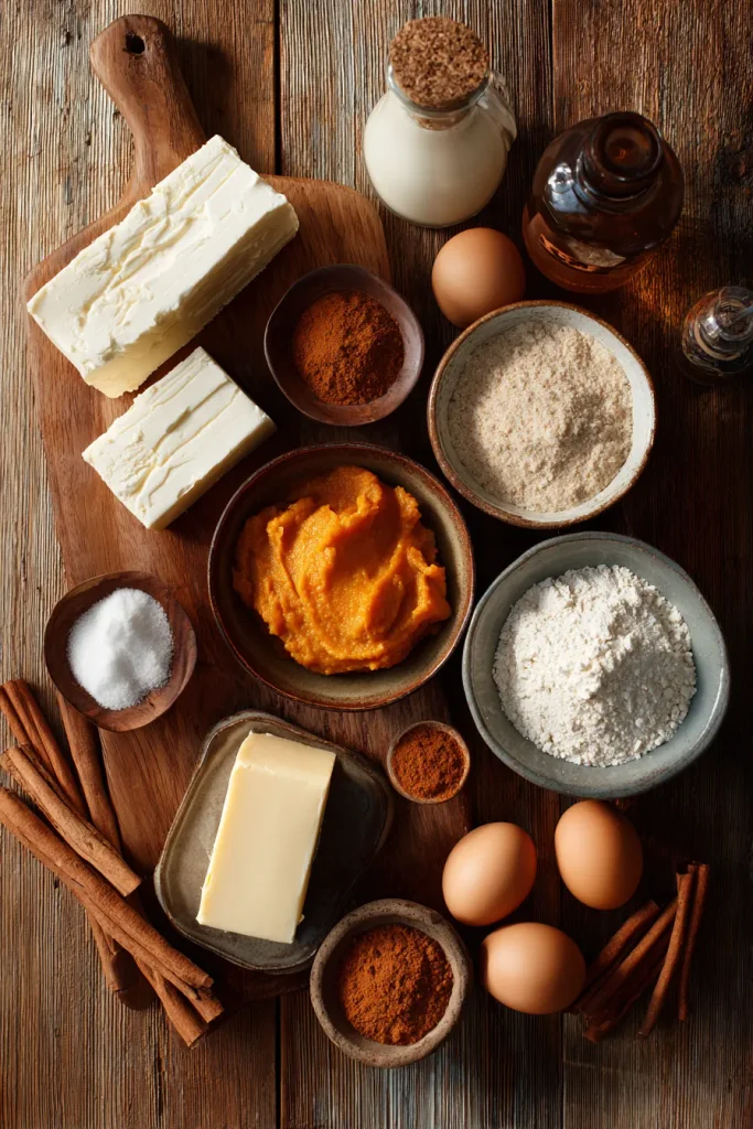 Cream cheese, pumpkin puree, almond flour and spices for keto pumpkin cheesecake bars