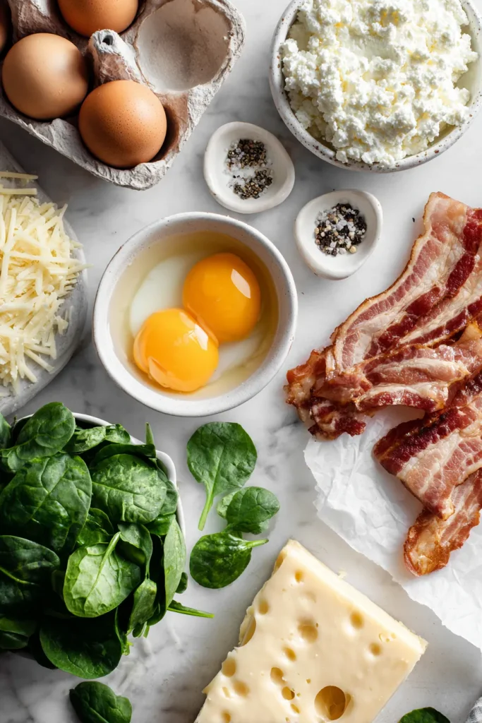 Eggs, cottage cheese, Gruyere and turkey bacon for keto egg bites