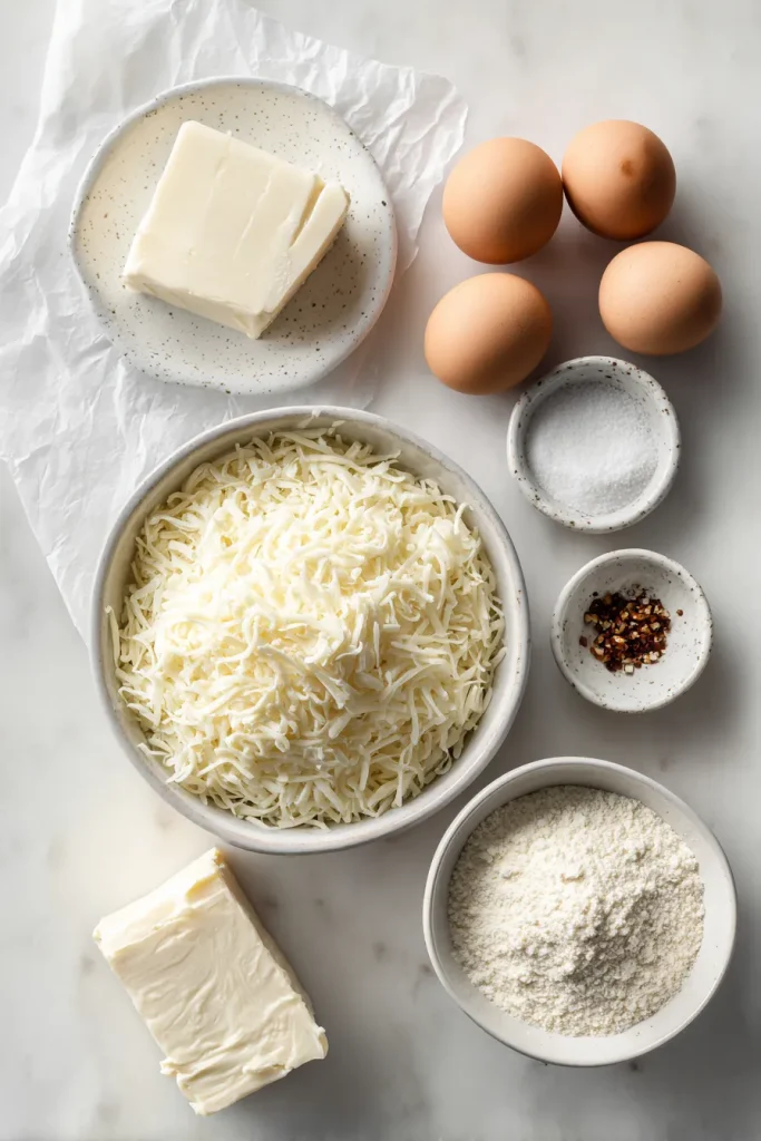 Mozzarella, almond flour, cream cheese and eggs for keto pretzel bites