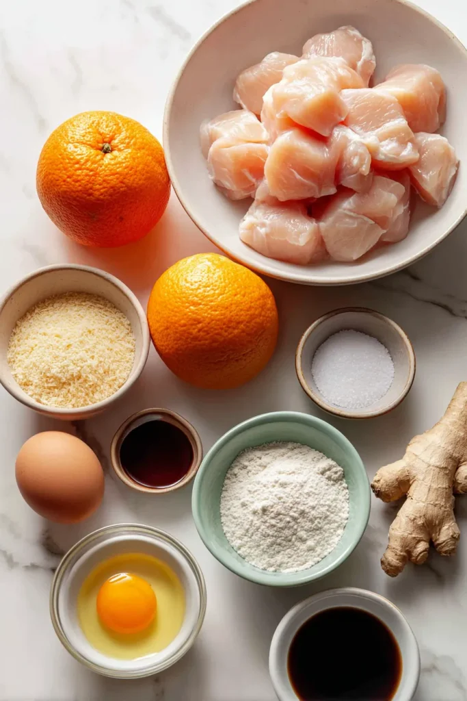 Cubed raw chicken, oranges, coconut flour and sauce ingredients on a marble counter
