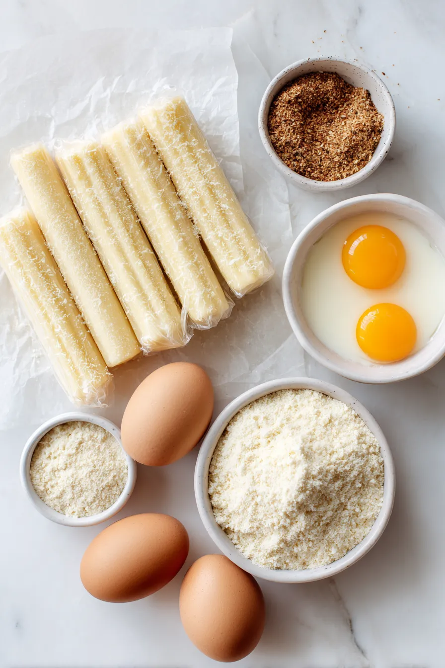 String cheese, almond flour, parmesan and eggs for keto mozzarella sticks