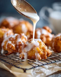 Thick white glaze being drizzled from a spoon over warm keto apple fritters