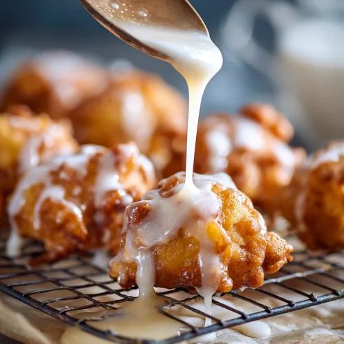 Thick white glaze being drizzled from a spoon over warm keto apple fritters