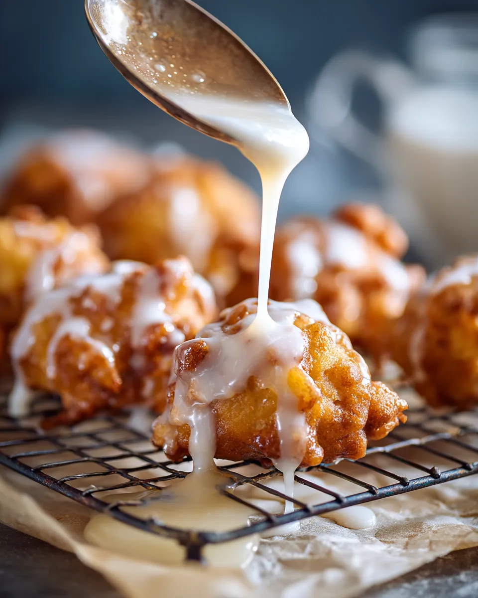 Thick white glaze being drizzled from a spoon over warm keto apple fritters