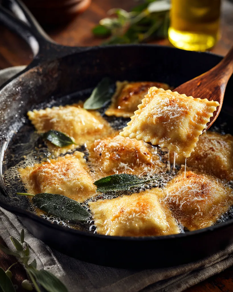Keto ravioli frying in foaming butter in a cast iron skillet until golden