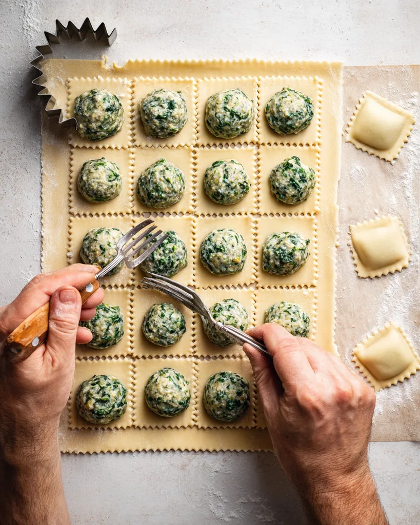 Hands sealing keto ravioli around mounds of spinach ricotta filling before cutting