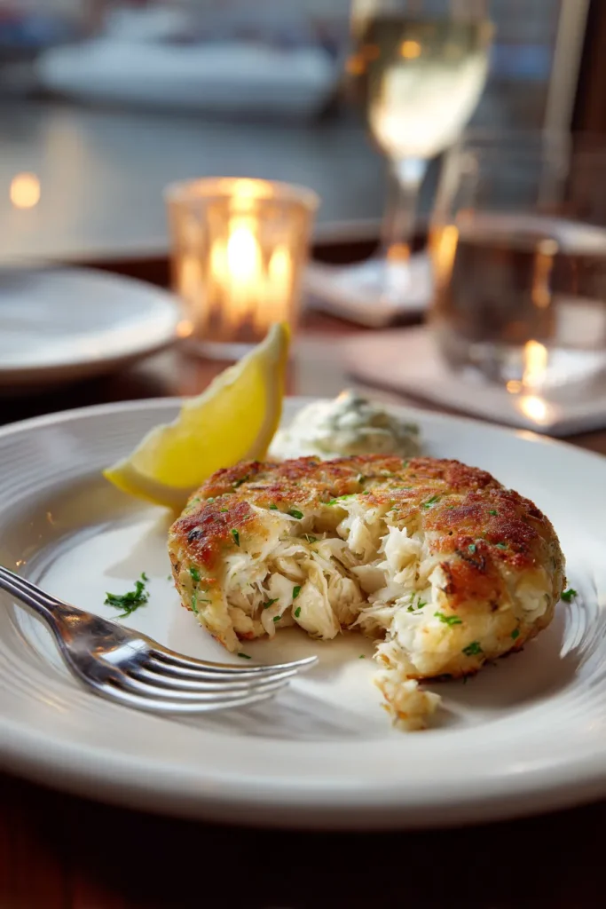 Fork breaking open a crab cake to show the lumps of crab inside