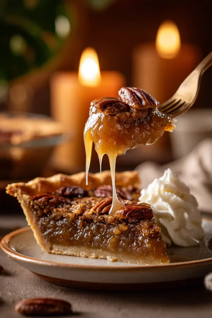 Fork lifting a gooey bite from a slice of keto pecan pie with whipped cream