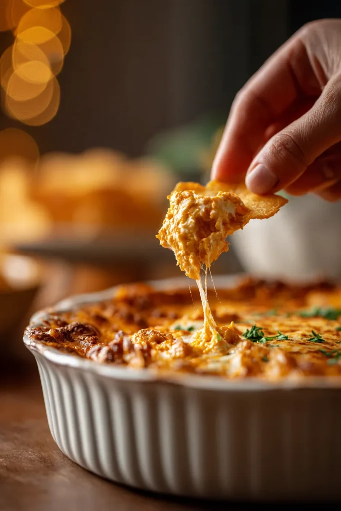 Hand dipping a parmesan crisp into hot buffalo chicken dip
