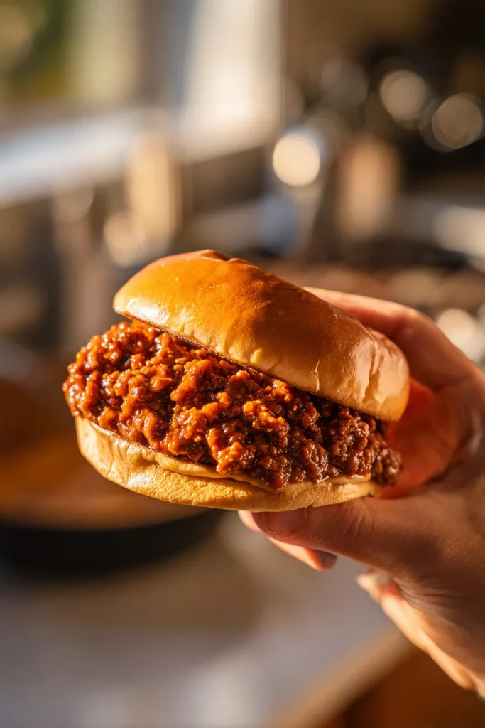 Hands holding a keto sloppy joe with thick filling that is not dripping