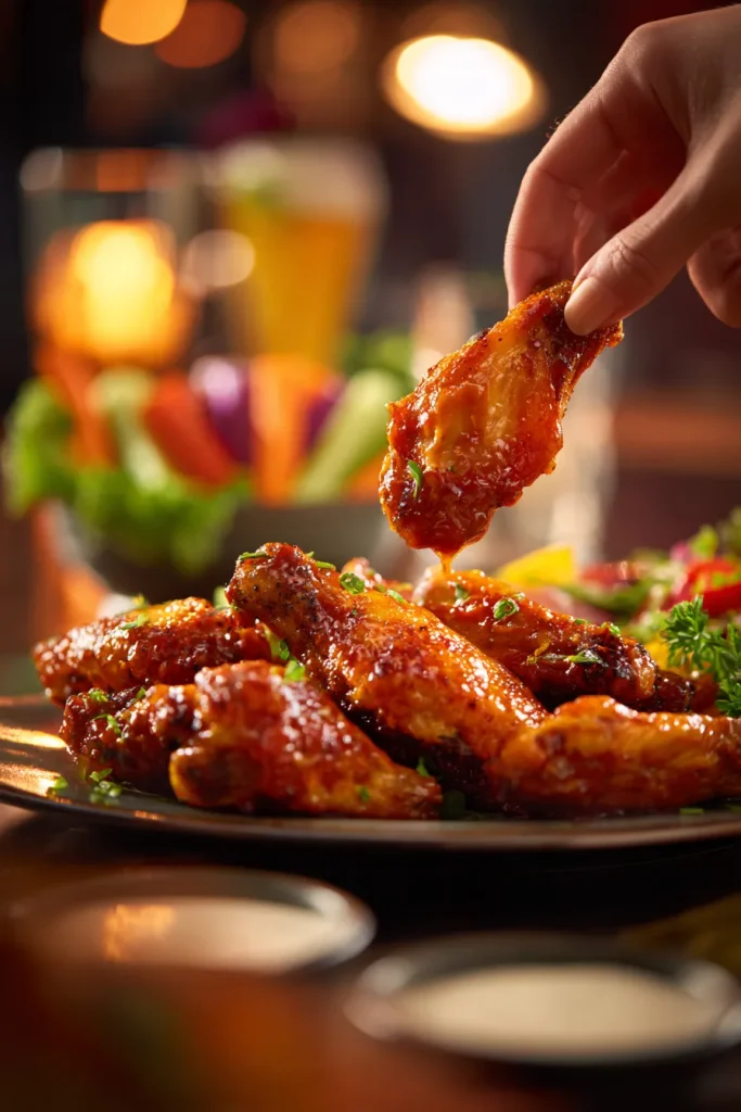 Hand lifting a glossy buffalo wing showing crisp skin under the sauce