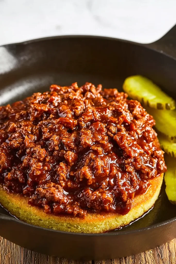 Keto sloppy joe filling piled on a toasted low carb bun with a pickle 