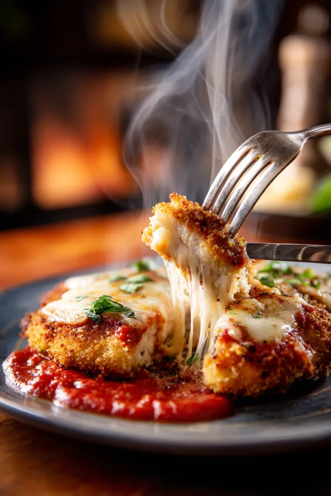 Cutting into keto chicken parmesan showing the crisp crust and melted cheese