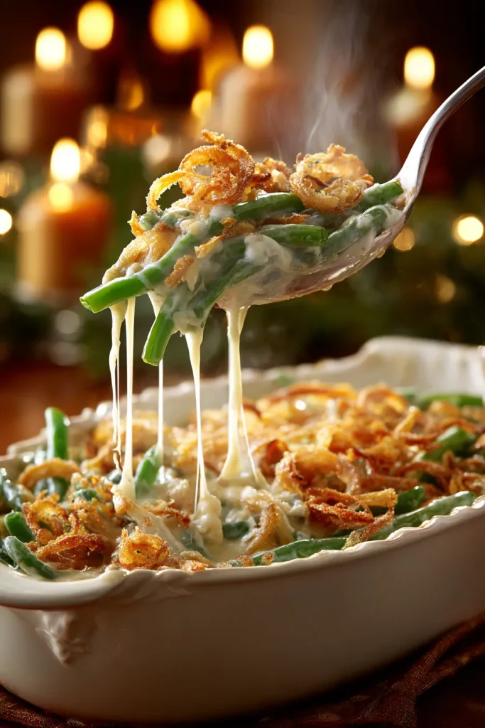 Serving spoon lifting green bean casserole with crispy onions falling from the edge