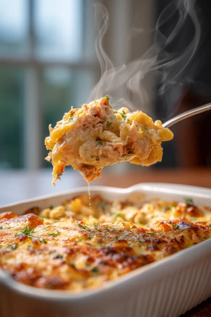 Spoon lifting a thick portion of tuna casserole that holds its shape