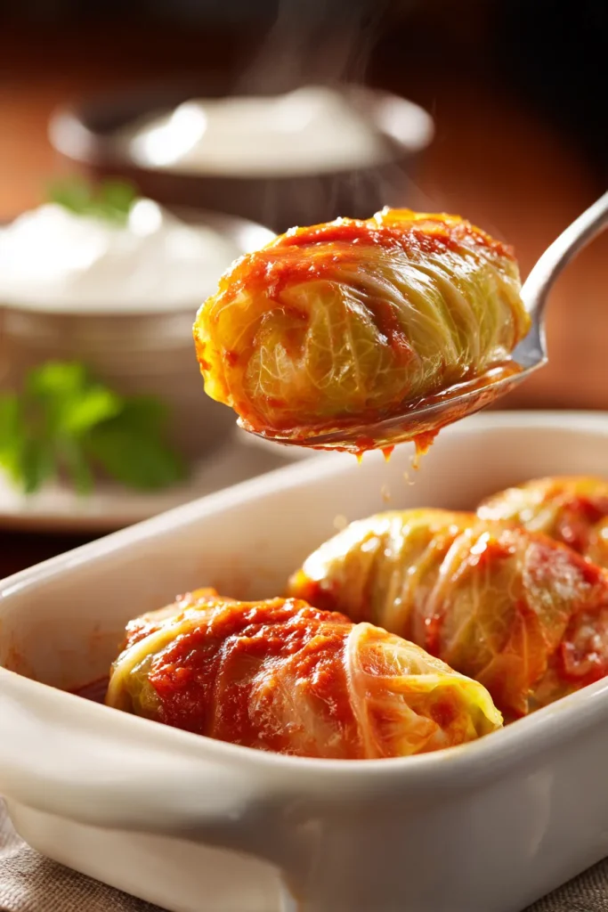 Serving spoon lifting two cabbage rolls from the dish with sauce clinging 