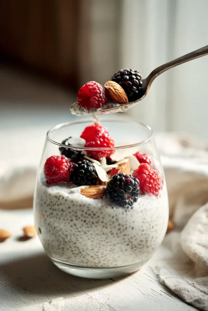 Spoon lifting a bite of chia pudding topped with a raspberry