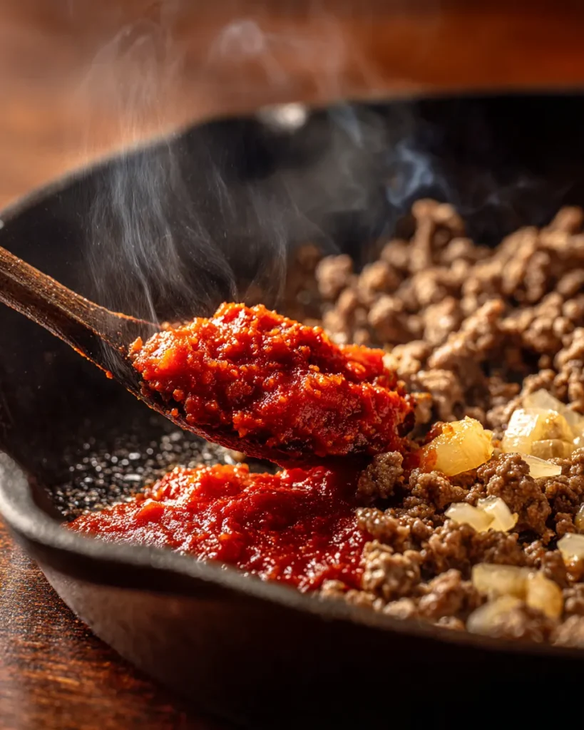 Tomato paste darkening as it fries in beef fat beside browned ground beef 