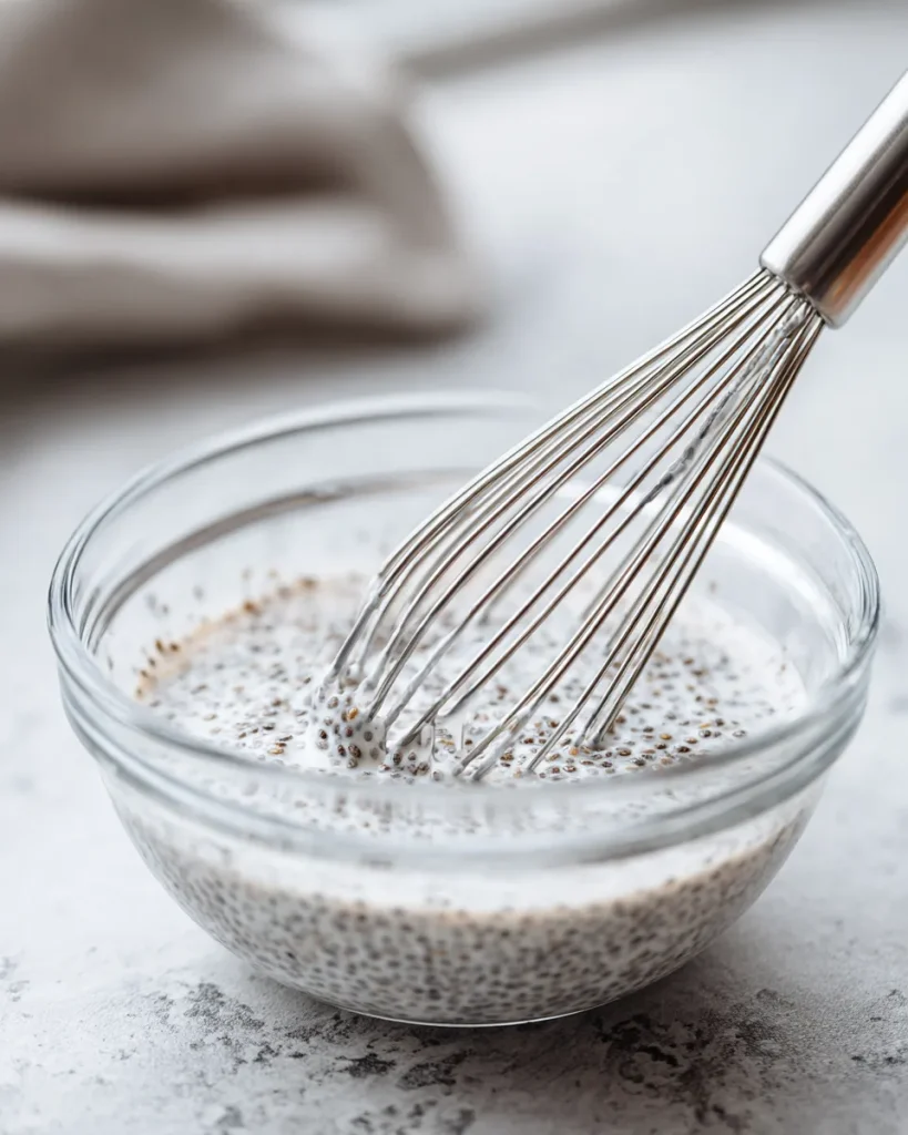 Whisk lifting from thickening chia mixture with seeds evenly suspended