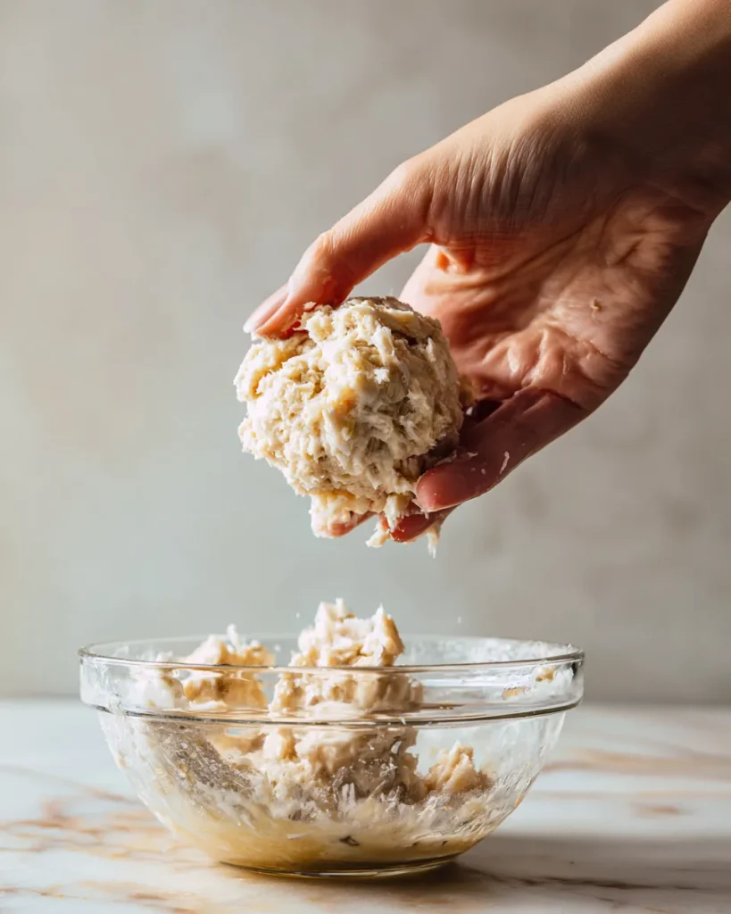 A scooped portion of crab cake mixture holding its shape in the hand