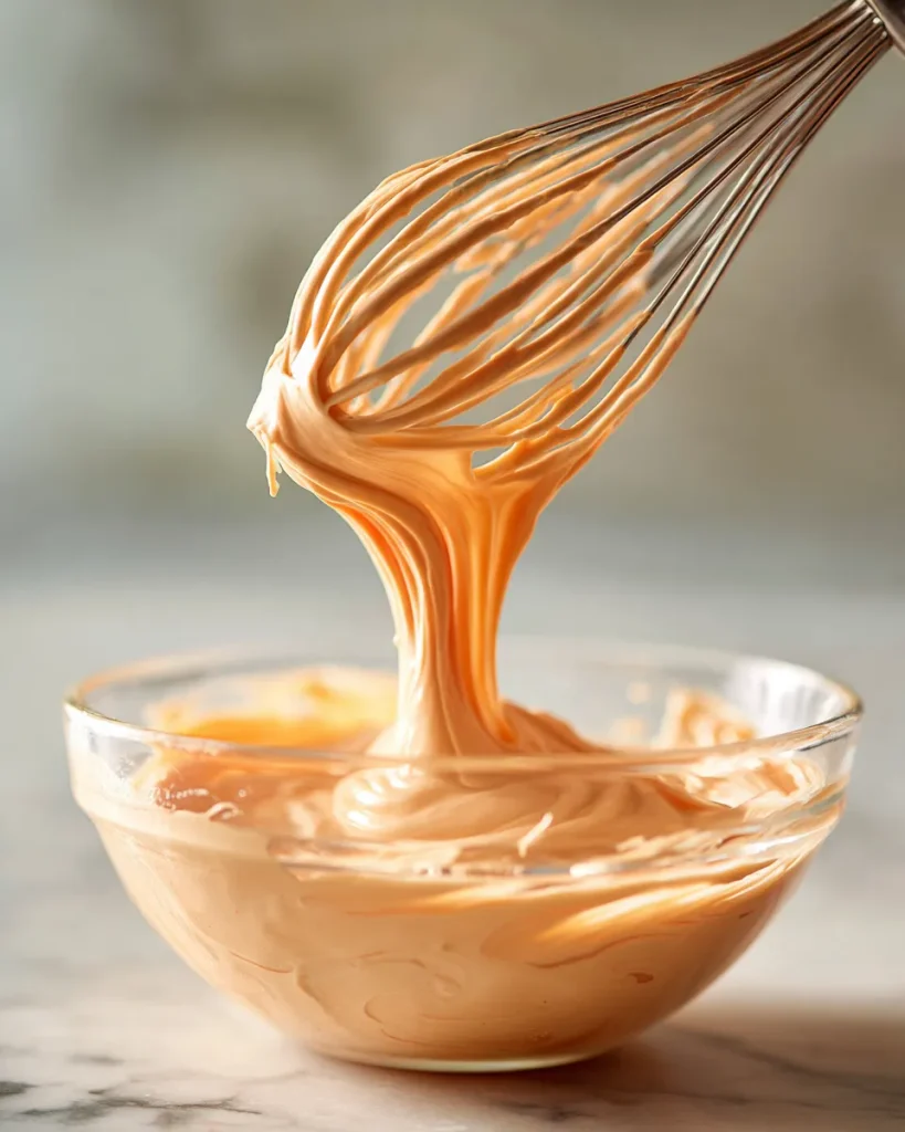 Whisk lifting from a smooth lump free cream cheese and hot sauce base