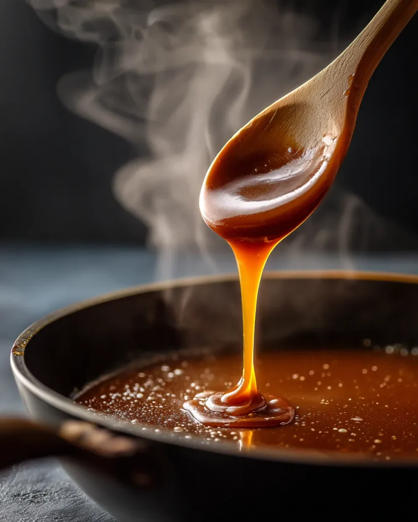 Thick amber allulose caramel coating the back of a wooden spoon
