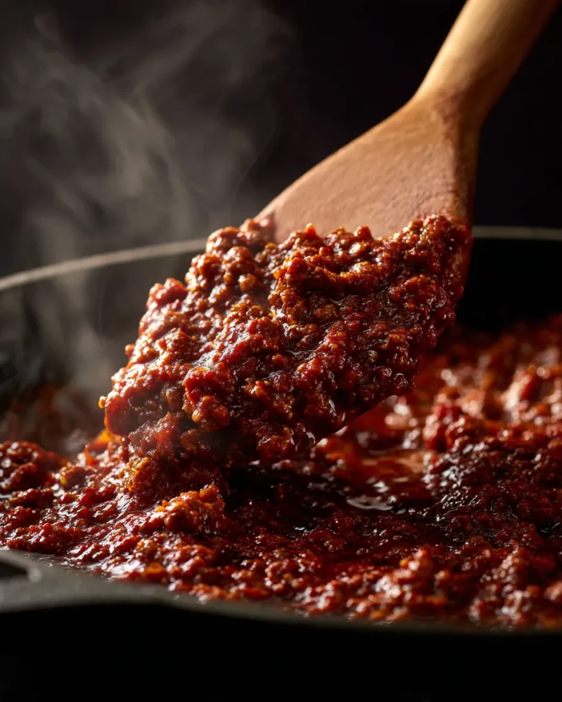 Spoon drawn through thick sloppy joe filling leaving a channel that holds