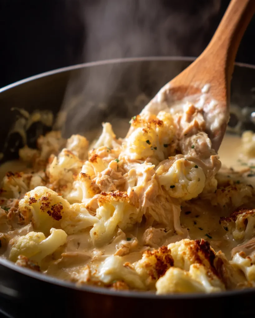Tuna and roasted cauliflower being folded through a thick cheese sauce