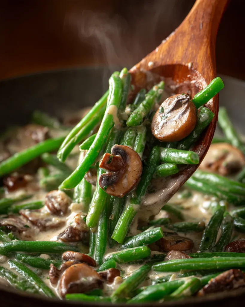 Green beans coated in a thick mushroom cream sauce on a wooden spoon ·