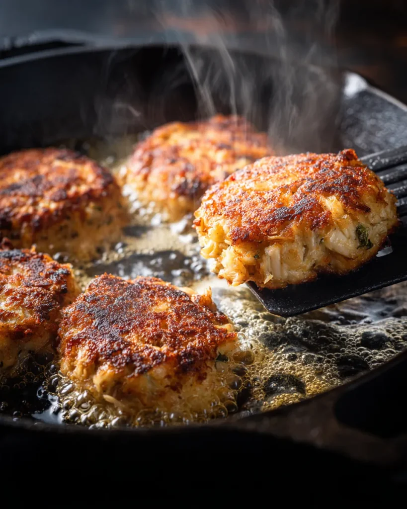 A crab cake being flipped in a skillet showing the golden crust underneath