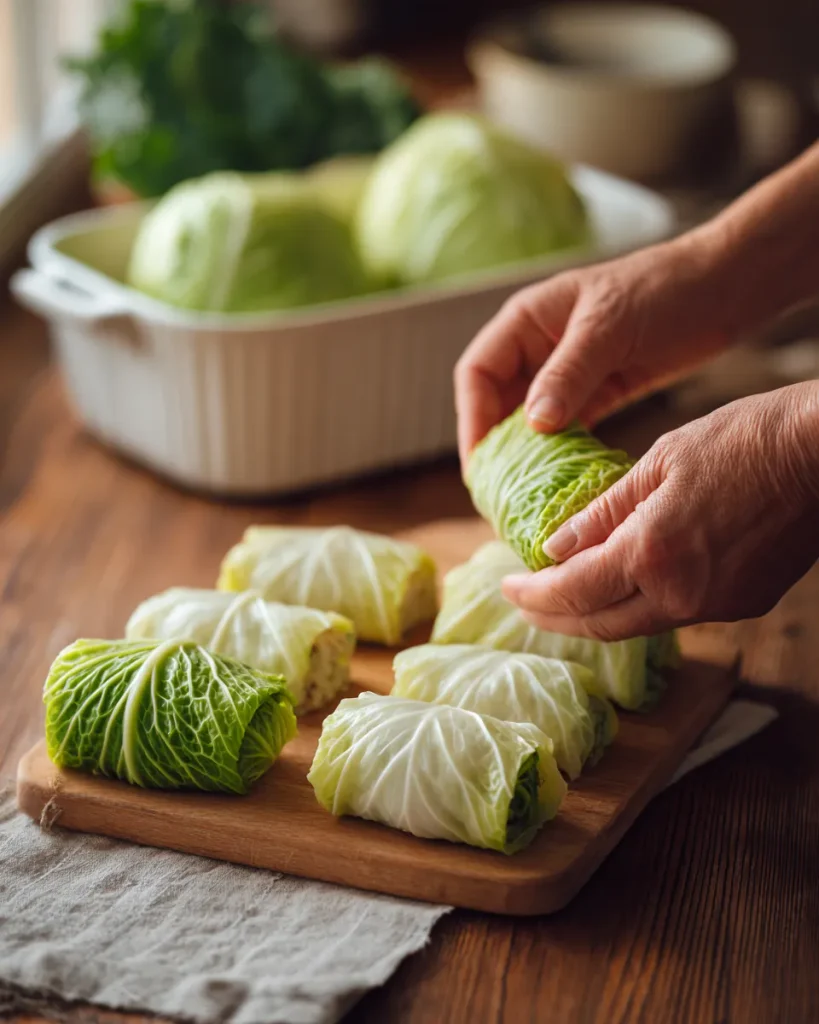 Hands folding a cabbage leaf around the meat filling to make a roll 