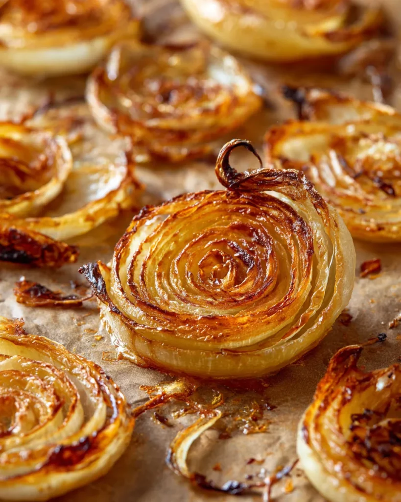 Golden crisp baked onion strands cooling on a parchment lined sheet