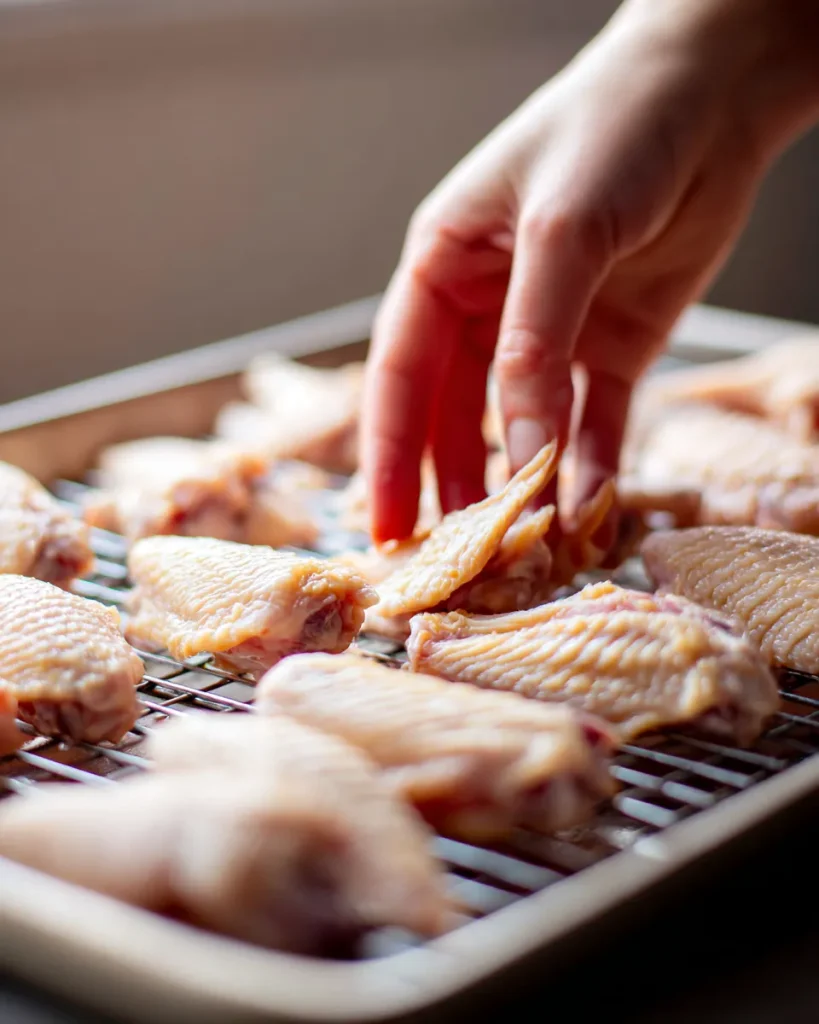 Salted chicken wings on a wire rack with dry matte skin after an overnight cure 