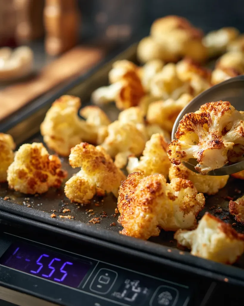 Browned roasted cauliflower florets being weighed on a kitchen scale