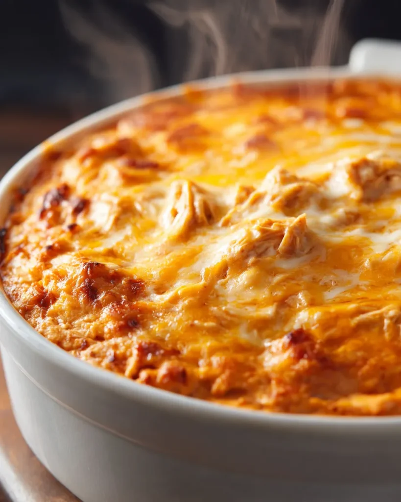 Buffalo chicken dip bubbling at the edges with a smooth unbroken cheesy surface