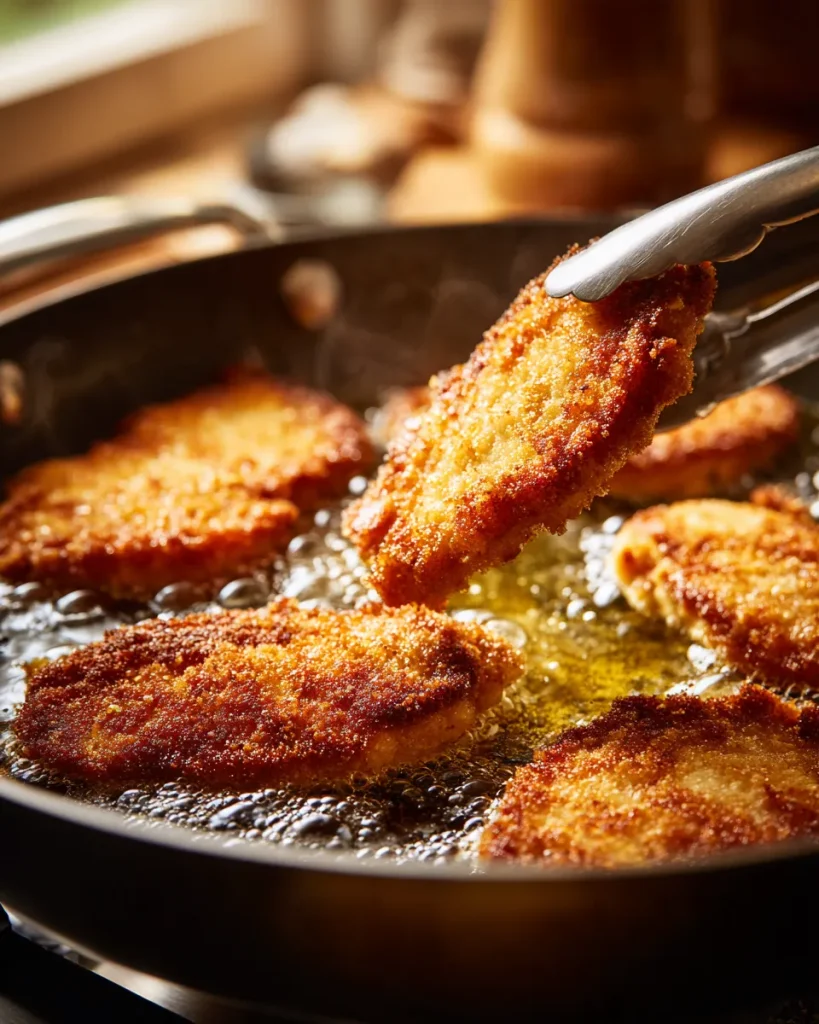 Chicken cutlets frying until golden for keto chicken parmesan