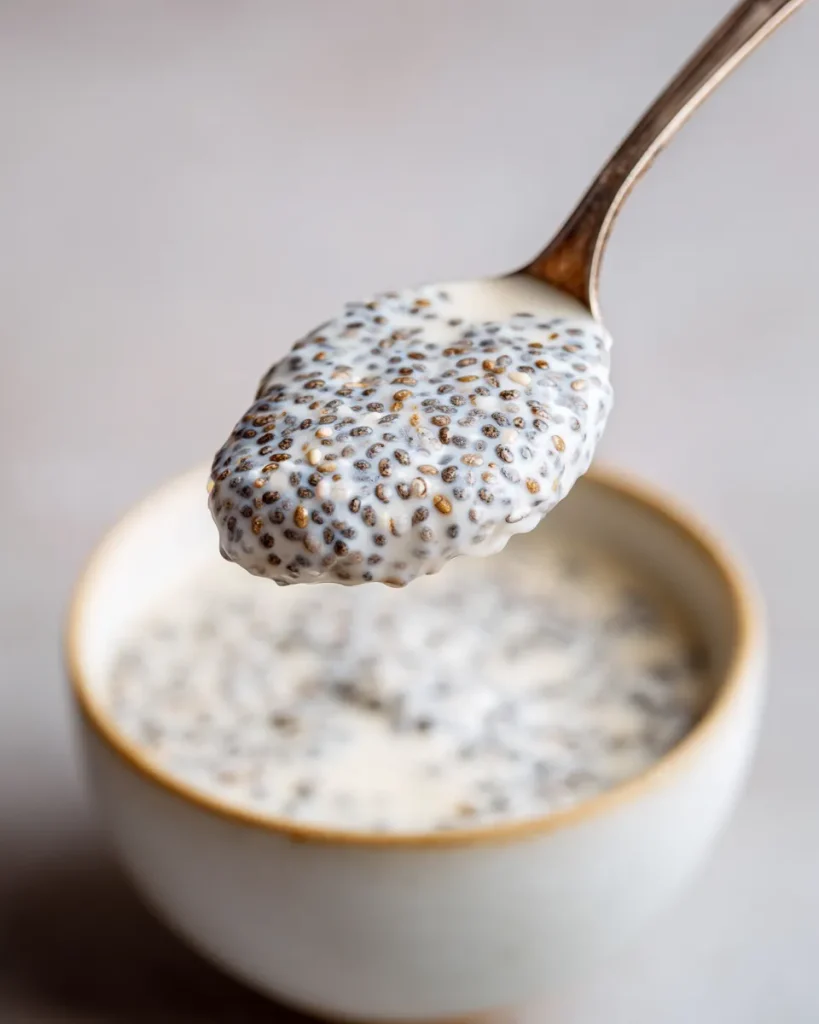 Spoonful of set chia pudding holding its shape with seeds evenly suspended