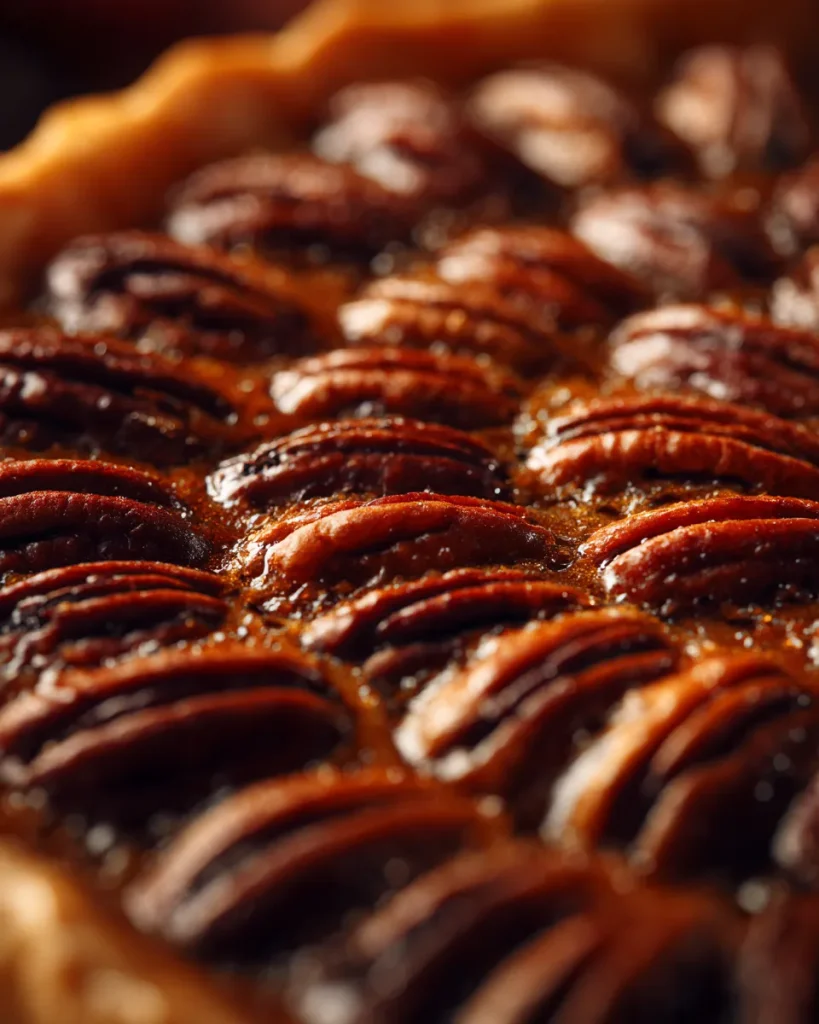 Close up of glossy pecan halves in bubbling caramel on a baked pecan pie