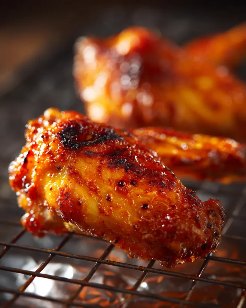 Close up of blistered golden chicken wing skin fresh from the oven